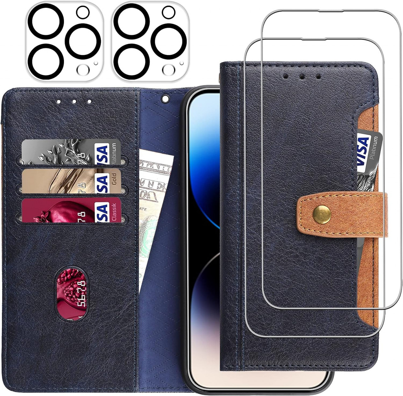 Set husa cu 2 folii de protectie ecran si 2 pentru camera compatibil cu iPhone 14 Pro Max Gimane, piele PU/sticla securizata, albastru inchis, 6,7