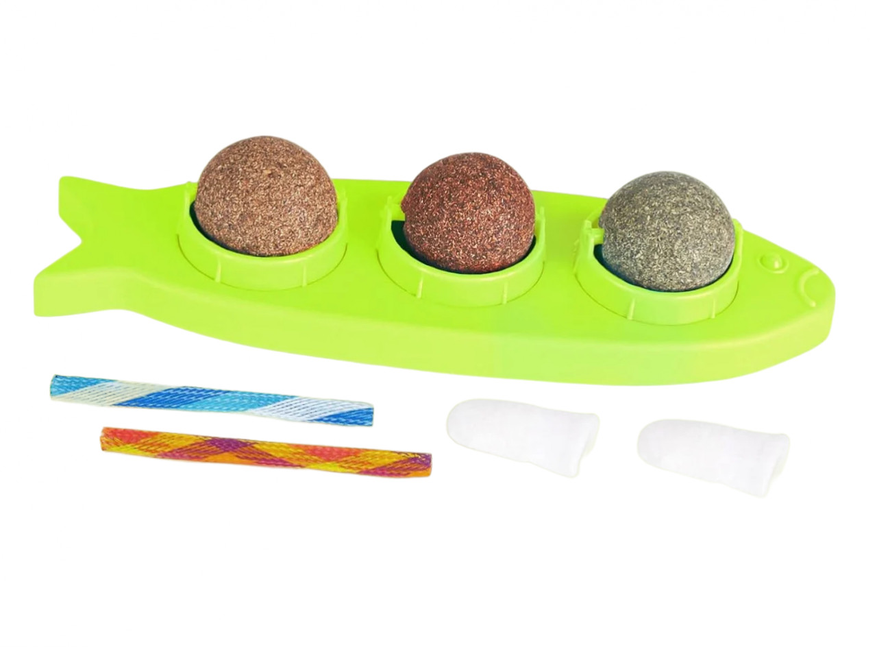 Set jucarie cu 3 bile de catnip si 2 periute de dinti Keriee, multicolor, plastic/textil