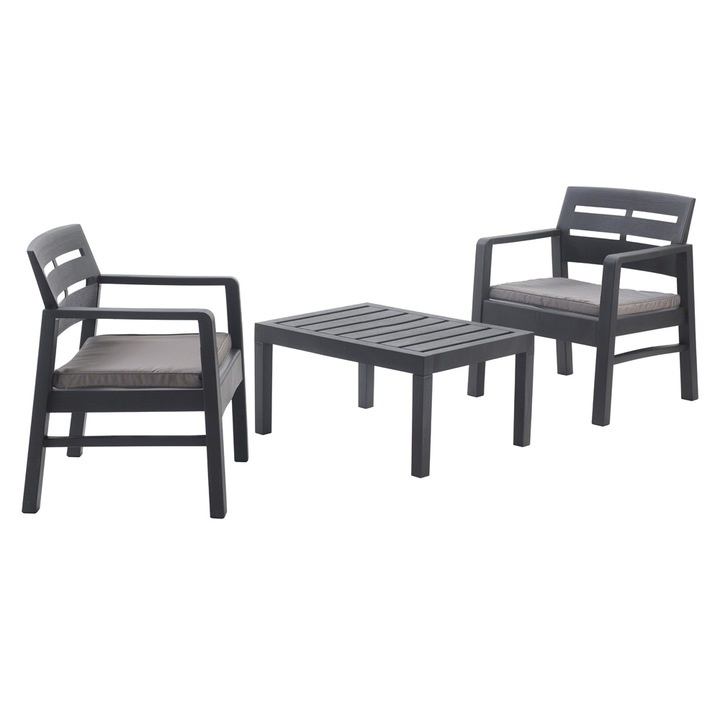 Set mobilier terasa/gradina, Progarden, LOMBOK, 3 piese, polipropilena, antracit, 2 scaune 63x58x74 cm, masa 74x55x38 cm, cu perne incluse,