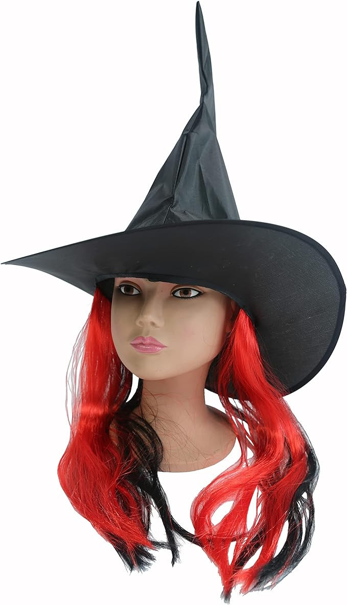Set palarie de vrajitoare cu peruca pentru Halloween Perfest, textil, rosu/negru, 42 x 42 cm