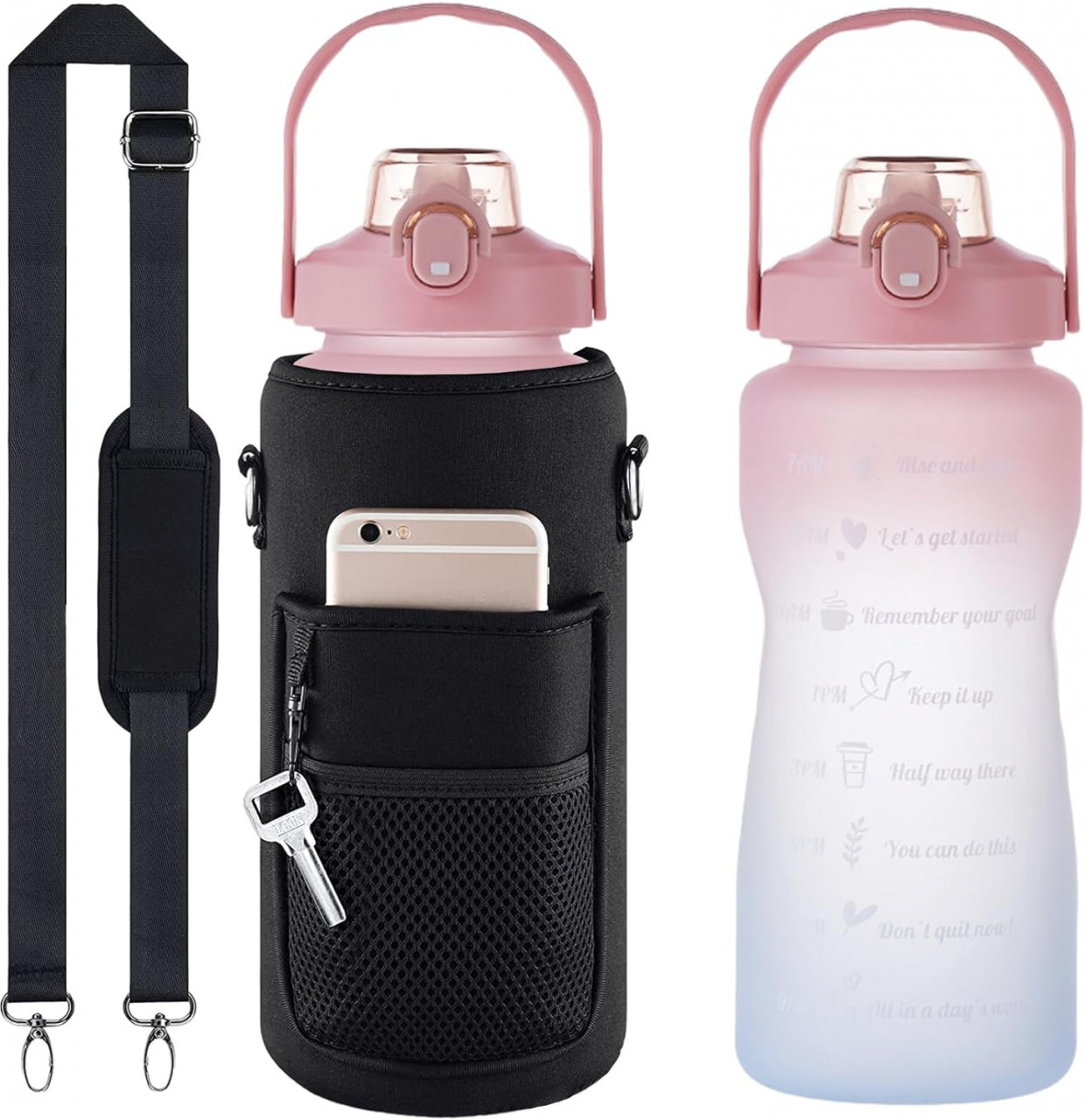 Set sticla de apa cu husa Winwild, plastic/textil, roz/albastru/negru, 2000 ml