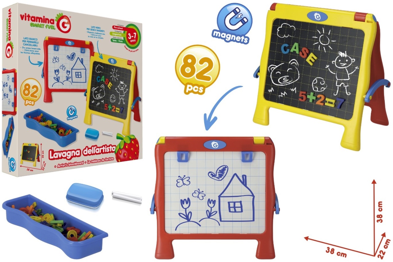 Tablita multifunctionala cu 2 fete, Globo, parte alba magnetica pentru scris cu marker si parte neagra pentru creta, 82 accesorii incluse in pachet,