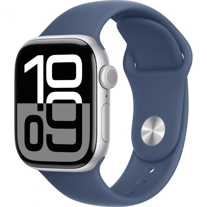 Apple Watch 10 GPS, Carcasa Jet Black Aluminium Case 42mm, Silver Denim Sport Band - S/M, RESIGILAT, GRAD B, GARANTIE 12 LUNI