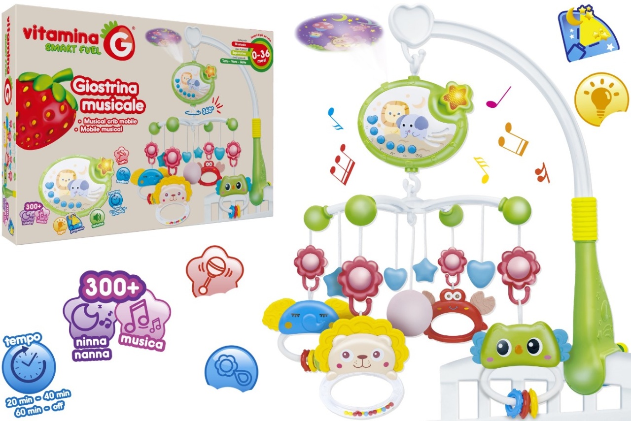 Carusel muzical pentru patut bebelusi, Globo Vitamina G, cu proiector, sunete linistitoare si melodii, buton reglabil volum, timer 20-40-60 min,