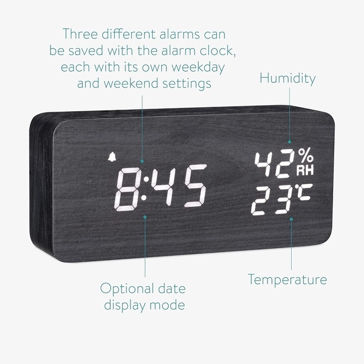 Ceas cu alarma digital Navaris, Termometru, USB, umiditate, 3 alarme, 6 setari luminozitate, negru, resigilat