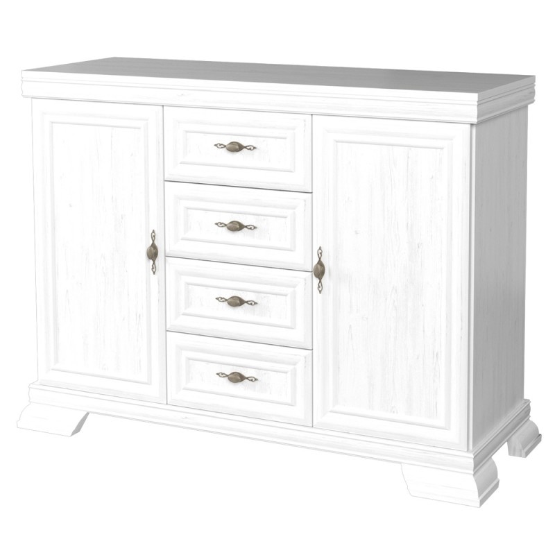 Comoda living VM3, 2 usi, 4 sertare, Alb Antichizat, 128 x 46 x 97 cm