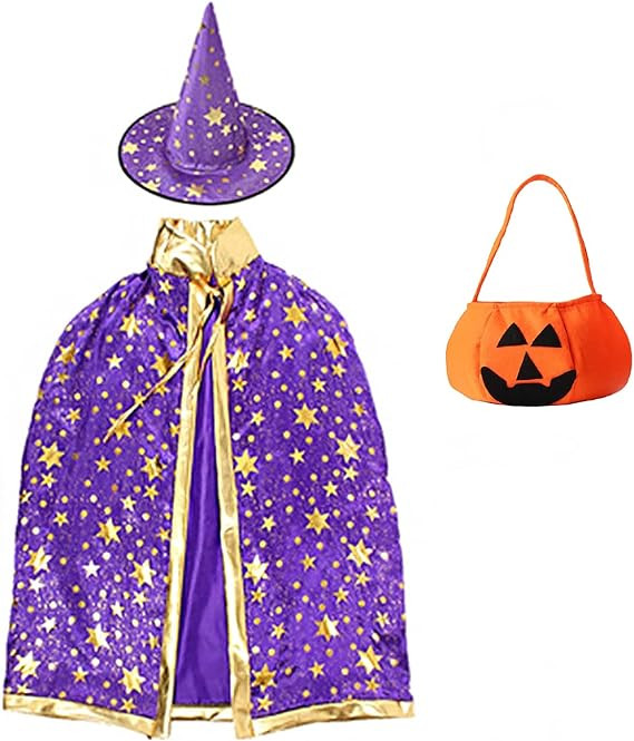 Costum de Halloween Hallojojo, 3 piese, poliester, mov/auriu/portocaliu, potrivit pentru inaltimi de la 90 la 140 cm