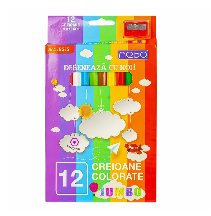 Creioane color Nebo jumbo, hexagonale, set 12, Resigilat, Grad A