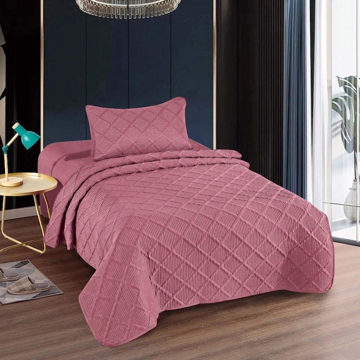 Cuvertura matlasata dimensiunea 160x230 cm cm si 1 fata de perna 50x70 cm, pat single, colectia Pucioasa, uni, model romburi, culoare roz