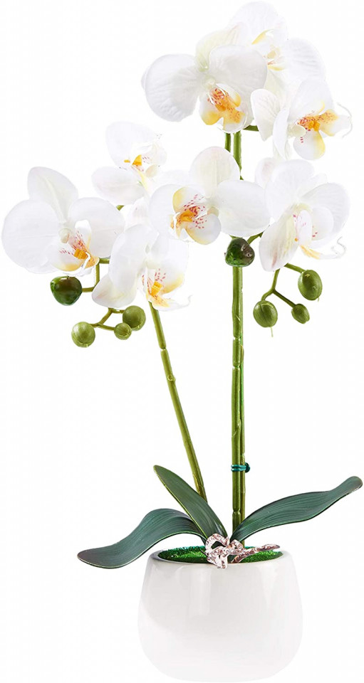 Floare artificiala Phalaenopsis Alicemall, matase/plastic, alb/verde, 12 x 30 cm alb/verde pret redus