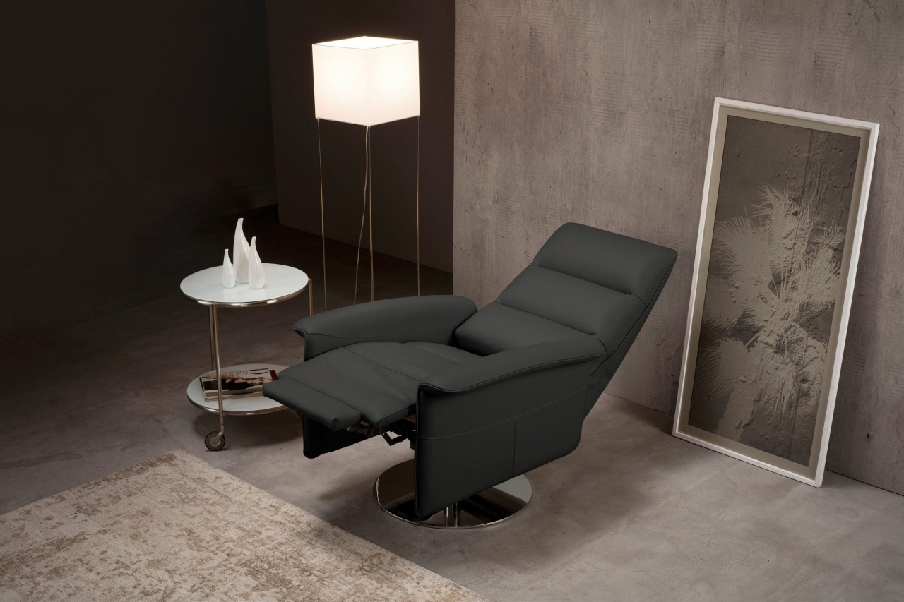 Fotoliu rotativ Kelly cu functie de relaxare, Negru, Piele Naturala
