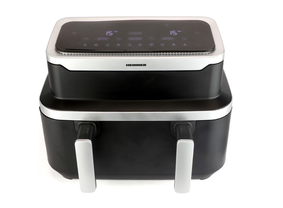 Friteuza dubla cu aer cald Heinner match&sinc HAF-DDB9BK26, 2600w, capacitate totala 9l, control digital individual, termostat reglabil 60-200 grade,