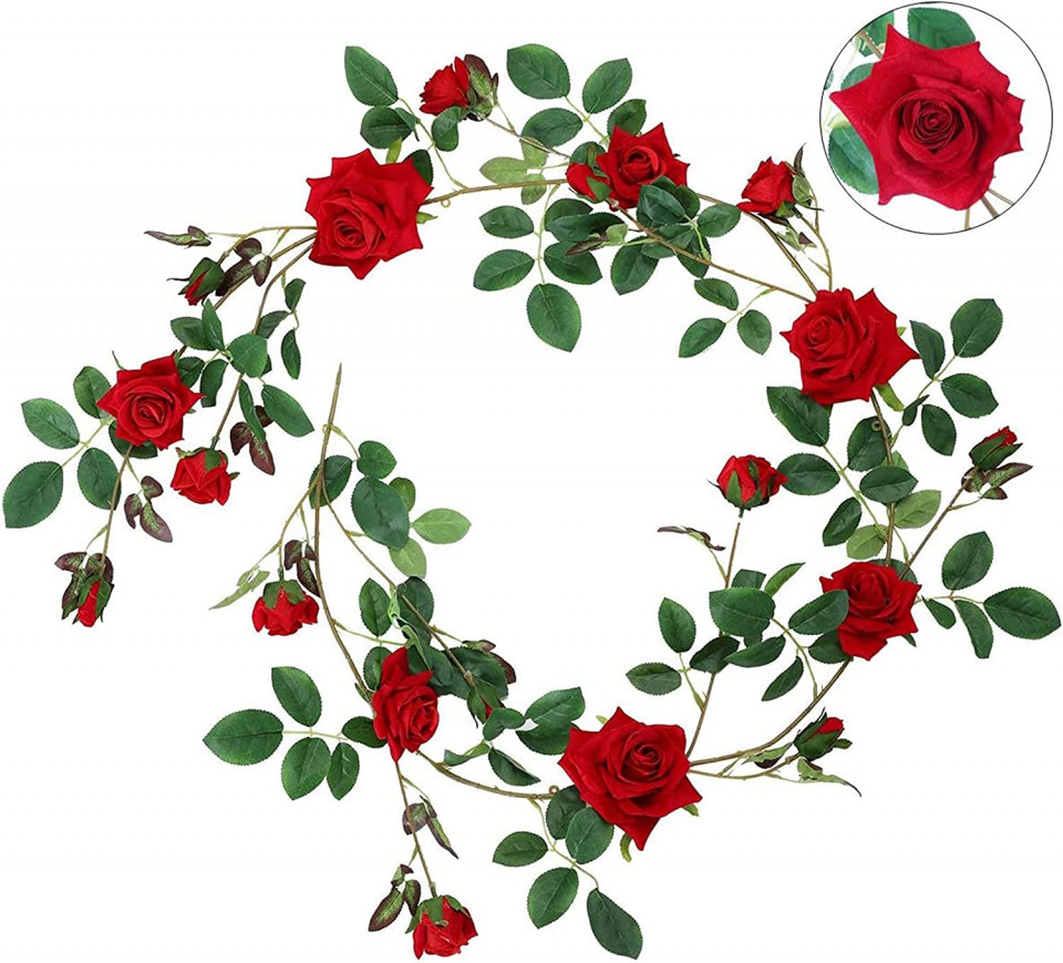Ghirlanda artificiala de trandafiri Hawesome, plastic/matase, verde/rosu, 180 cm 180