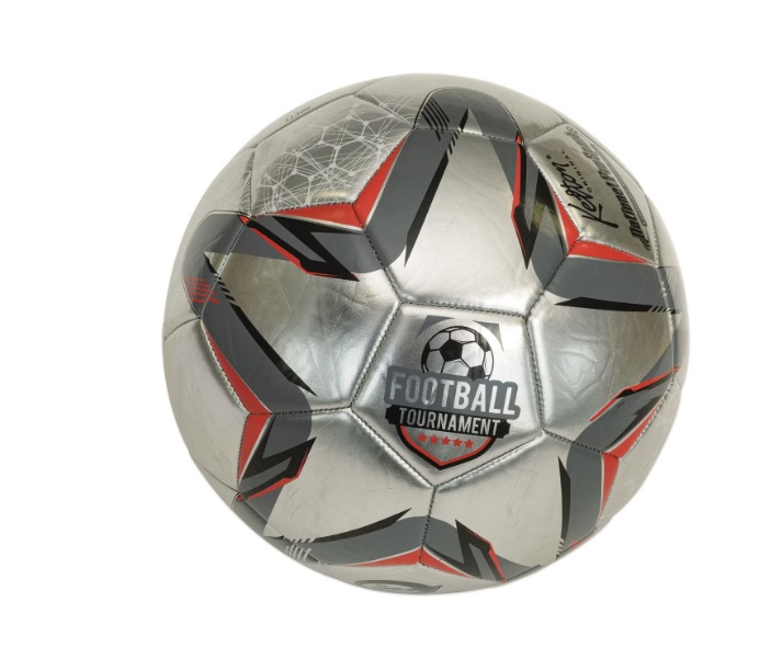 Minge fotbal marime 5, model stralucitor gri-argintiu, greutate oficiala 430 grame, material ecologic, cusaturi in hexagon