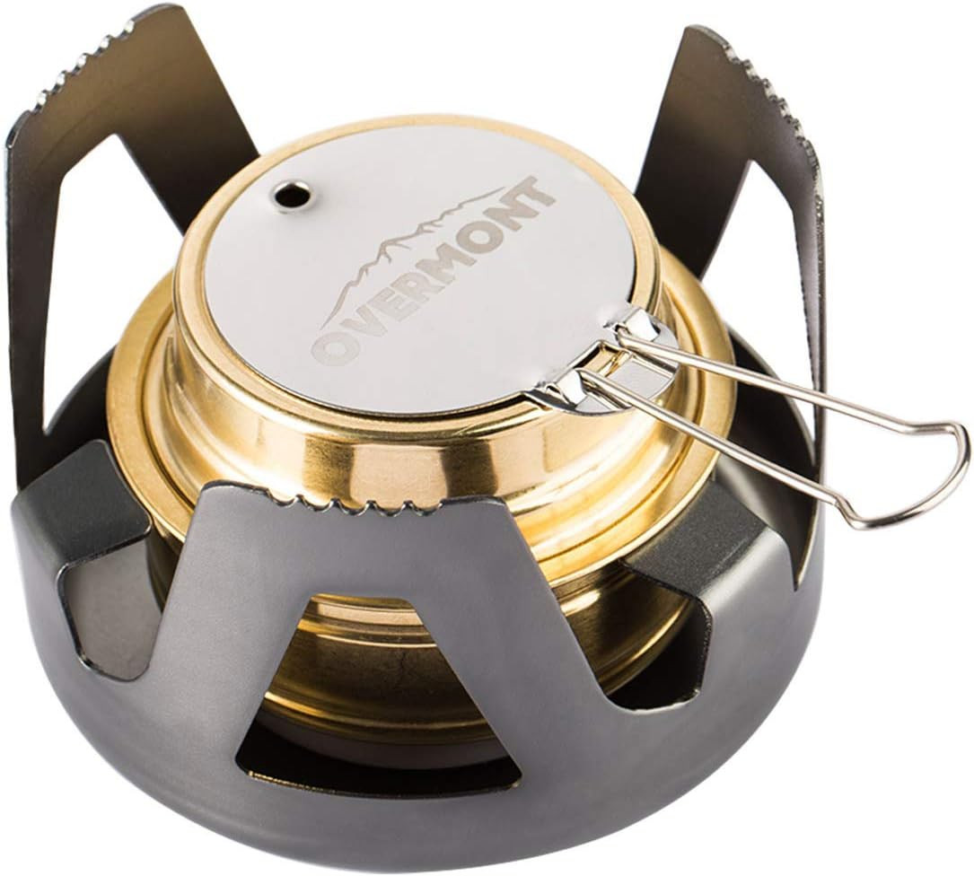 Mini aragaz pentru camping Overmont, aluminiu, argintiu/auriu, 9,5 x 6,5 cm