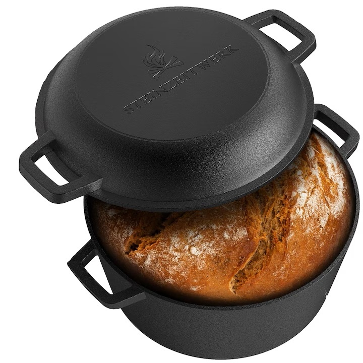 Oala cu capac Steinzeitwerk din fonta, 4.6 l, pentru cuptor, plita, gaz, electric, cu inductie, cu cos pentru aluat si racleta, 26 cm, Resigilat,