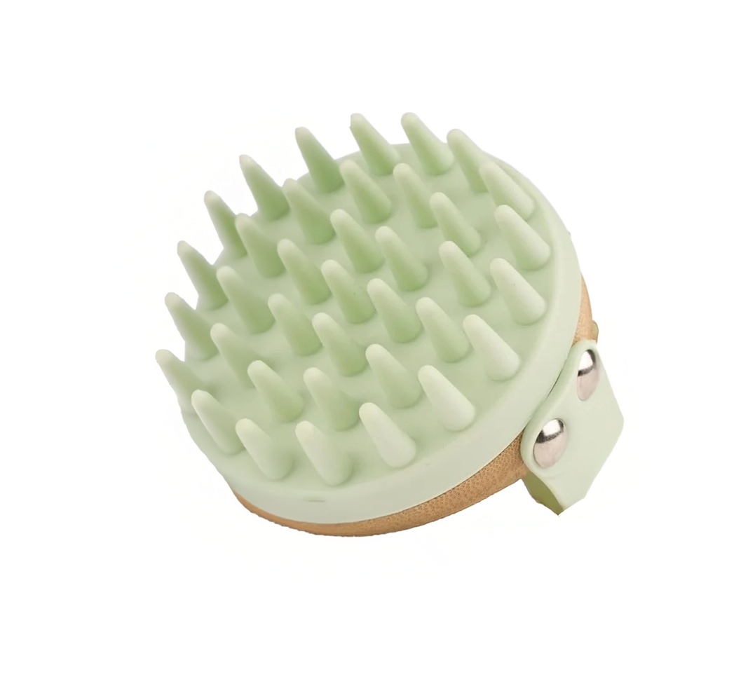 Perie pentru masajul scalpului Bambua, silicon/bambus, verde deschis/natur, 8,5 x 7,8 x 8 cm