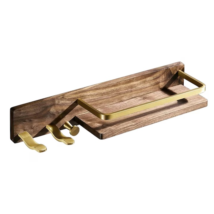 Raft de baie cu suport pentru uscatorul de par Kelelife, lemn/metal, maro/auriu, 45 x 8 x 11,5 cm
