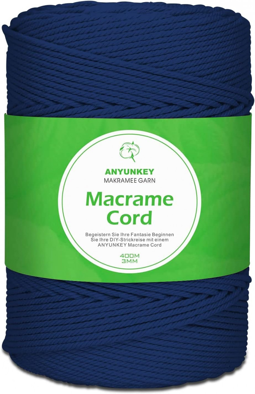 Rola de macrame pentru mestesuguri ANYUNKEY, bumbac, albastru inchis, 400m x 3 mm