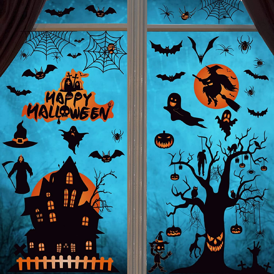 Poza Set 100 stickere de Halloween pentru fereastra Voqeen, PVC, negru/portocaliu