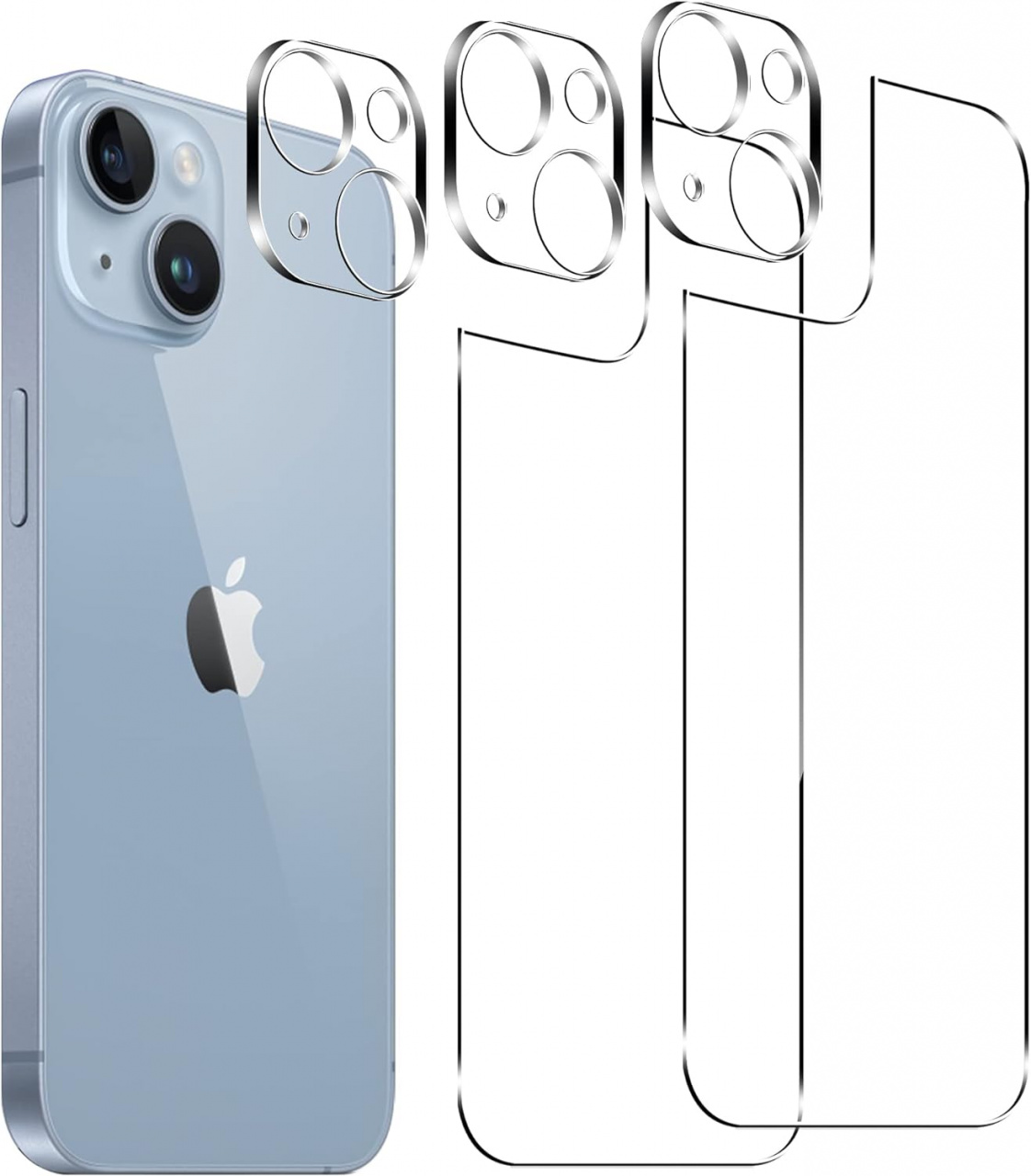 Set 3 folii pentru camera si 2 pentru spatele telefonului iPhone 14 Plus Effcotuo, sticla securizata, transparent, 6,7 inchi