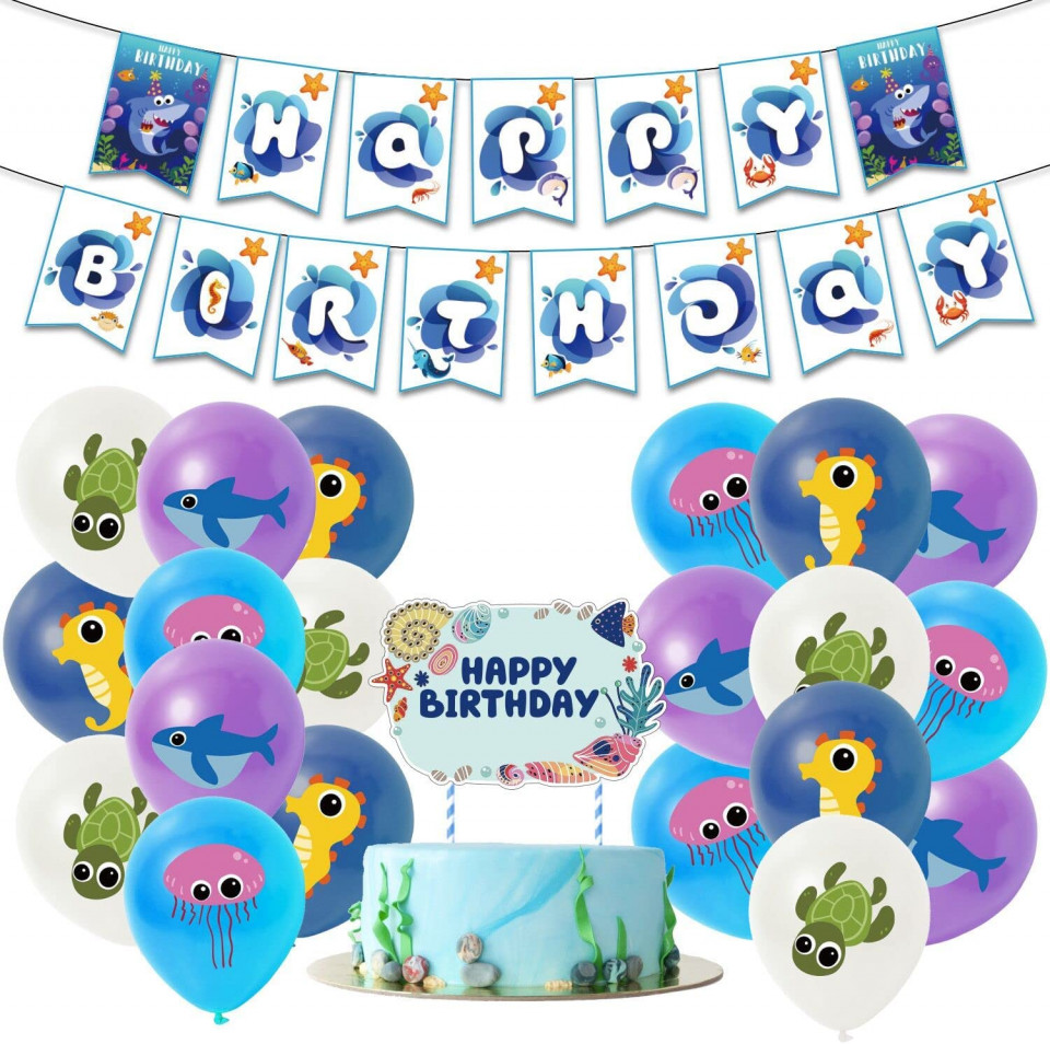 Set aniversar cu banner si baloane Ungfu Mall, animale marine, multicolor, carton/latex/aluminiu, 43 piese accesorii
