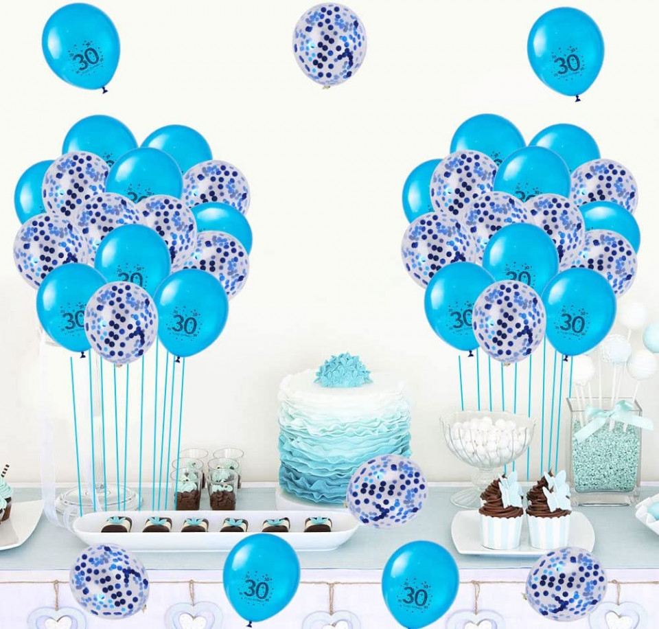 Poze Set aniversar pentru 30 de ani Ungfu Mall, latex, albastru/alb, 30 bucati, 30 cm