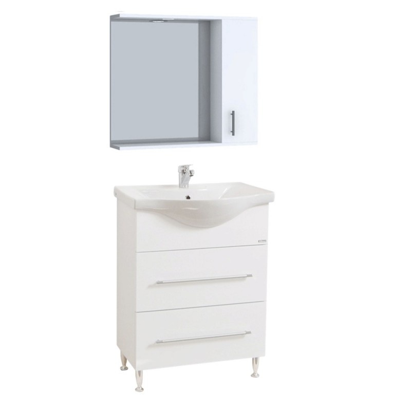Set baza si lavoar baie GN1871, front MDF, sertar, usa, 65 cm, picioare reglabile si oglinda cu dulap GN0001, iluminare led, alb