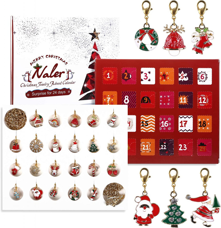 Set calendar de advent Naler, model de Craciun, 24 piese, carton/metal, multicolor, 20 x 17,5 x 1,5 cm