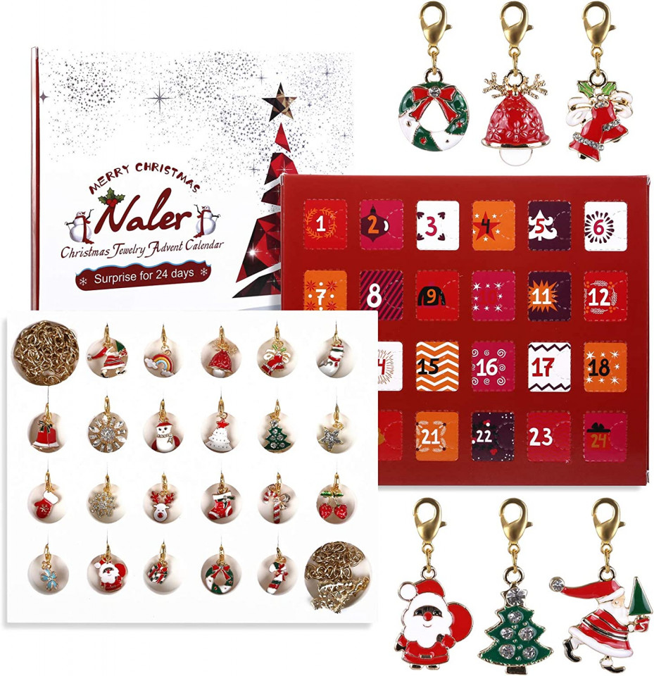 Set calendar de advent Naler, model de Craciun, carton/metal, multicolor, 20 x 17,5 x 1,5 cm