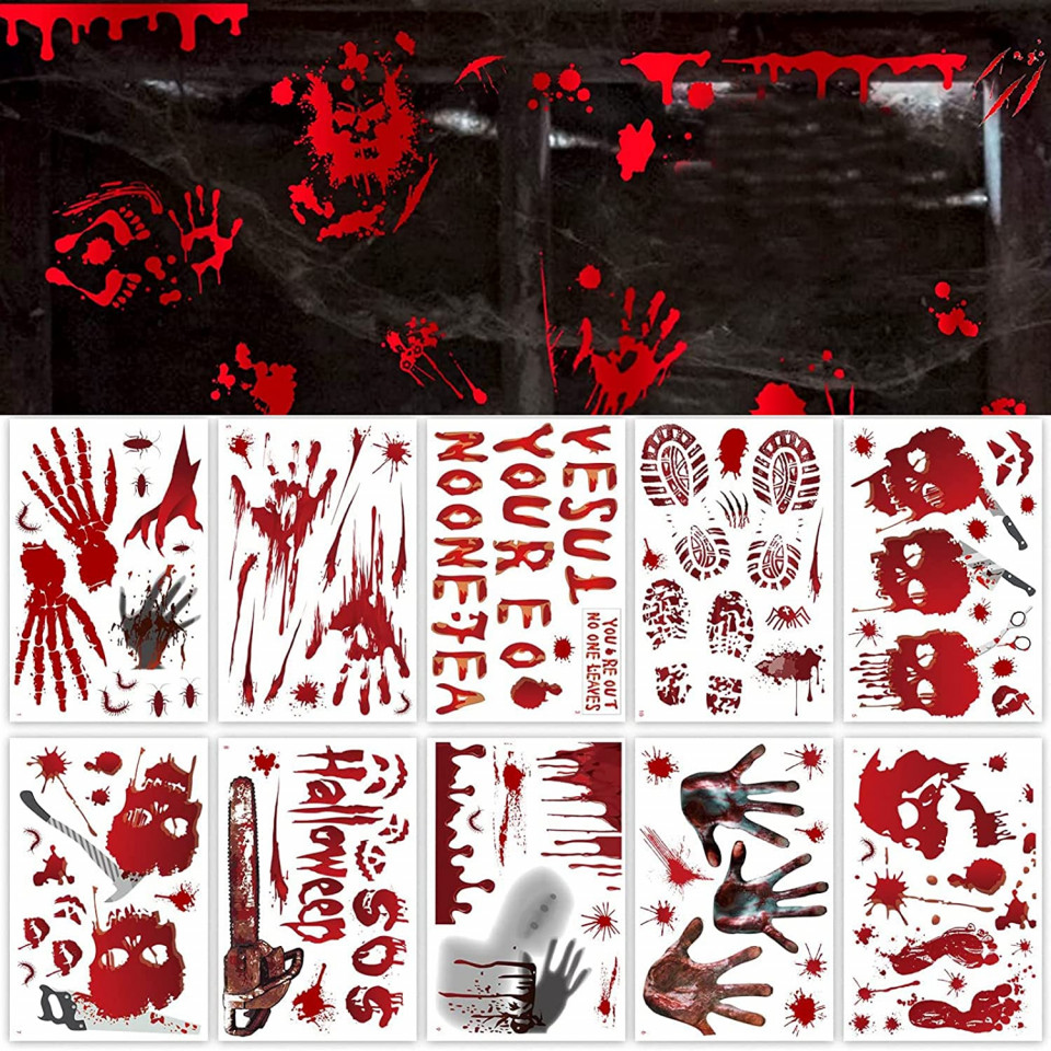 Set de 10 coli cu stickere pentru fereastra de Halloween Binxwa, PVC, rosu/negru, 20 x 30 cm