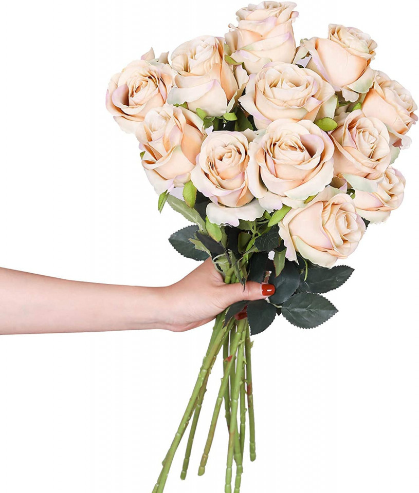 Set de 10 trandafiri artificiali Hawesome, matase/plastic, galben malt/verde, 54 cm chilipirul-zilei.ro/