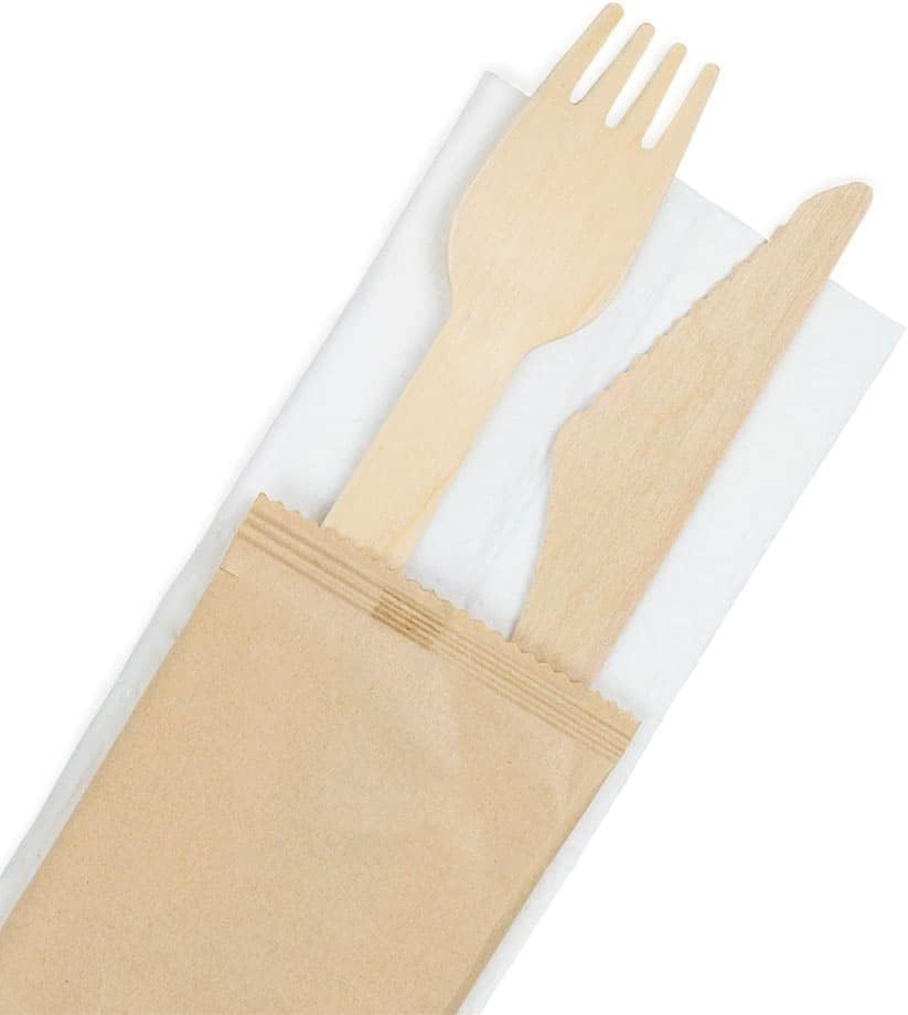 Set de 100 pachete cu tacamuri biodegradabile BIOZOYG, lemn/hartie, natur, 16 cm