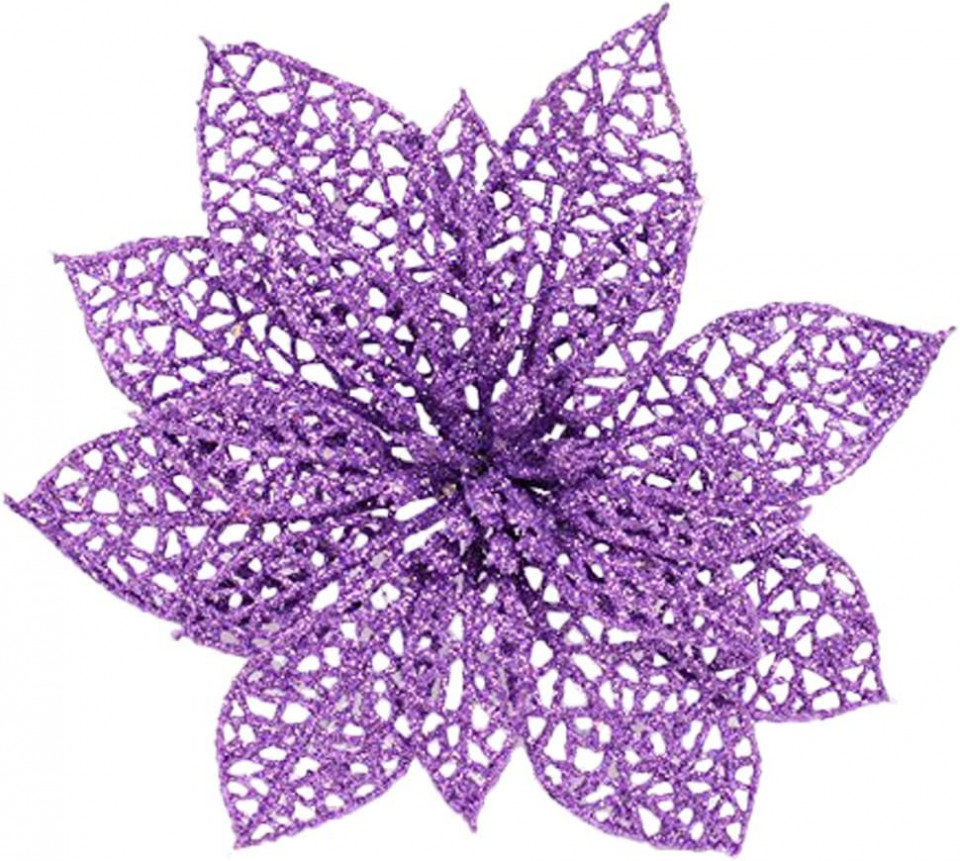 Set de 12 flori artificiale pentru bradul de Craciun Crazy Night, violet, plastic, 15 cm