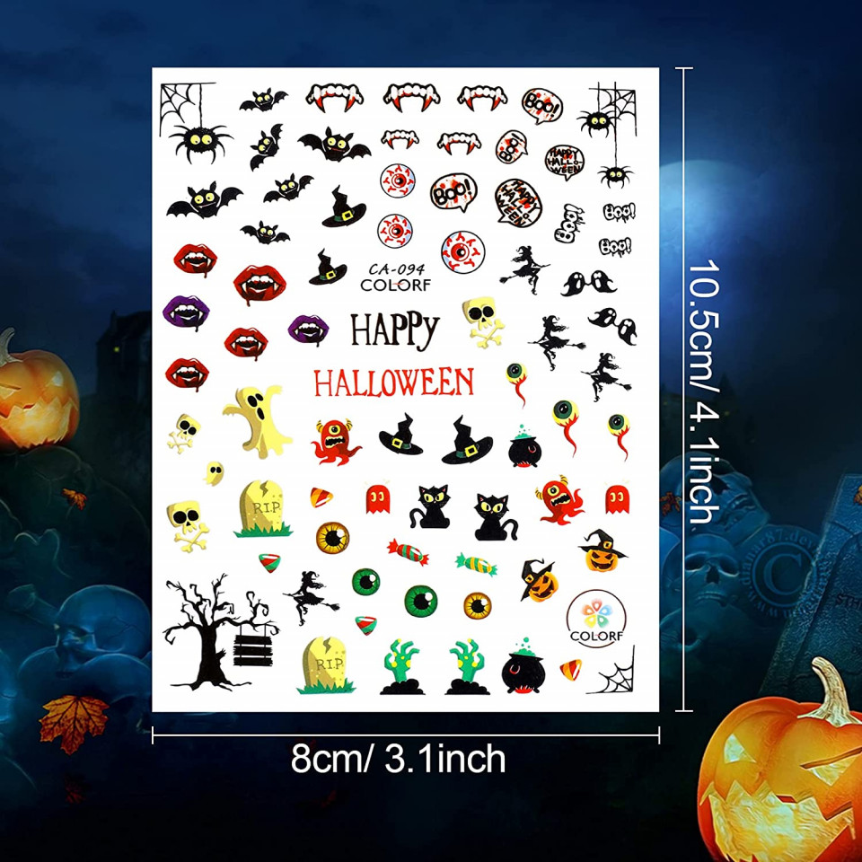 Poze Set de 12 foi cu 800 de autocolante pentru unghii de Halloween, hartie/PVC, multicolor, 10,5 x 8 cm