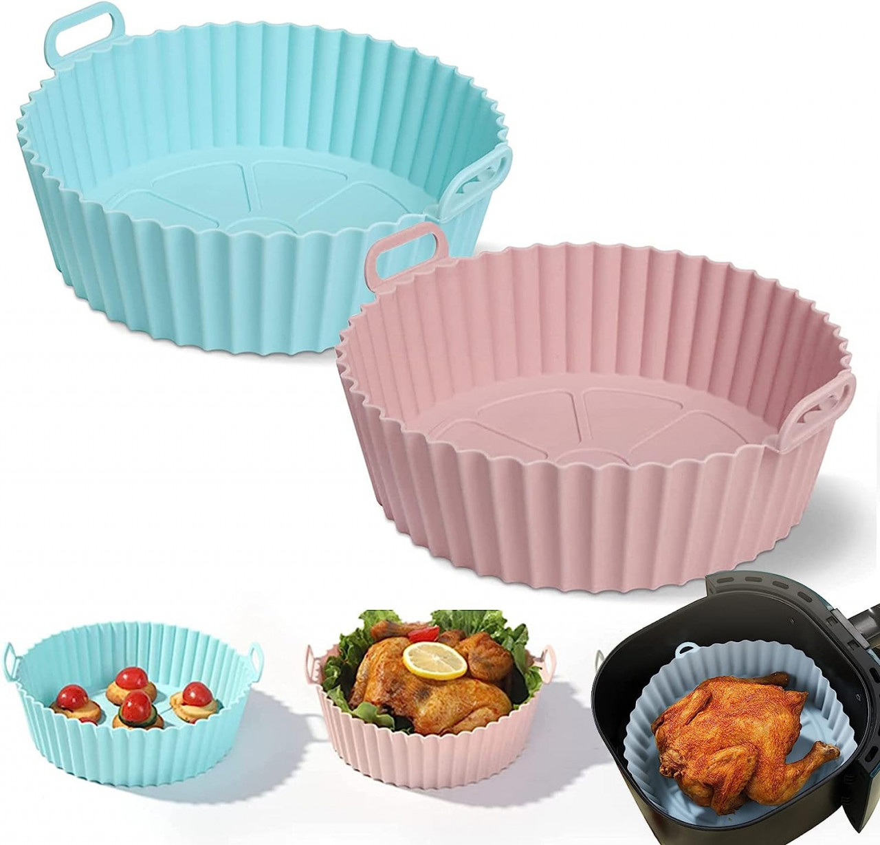 Set de 2 cosuri pentru friteuza cu aer KEEBAX, silicon, roz/albastru, 20,5 x 17,5 x 6,8 cm