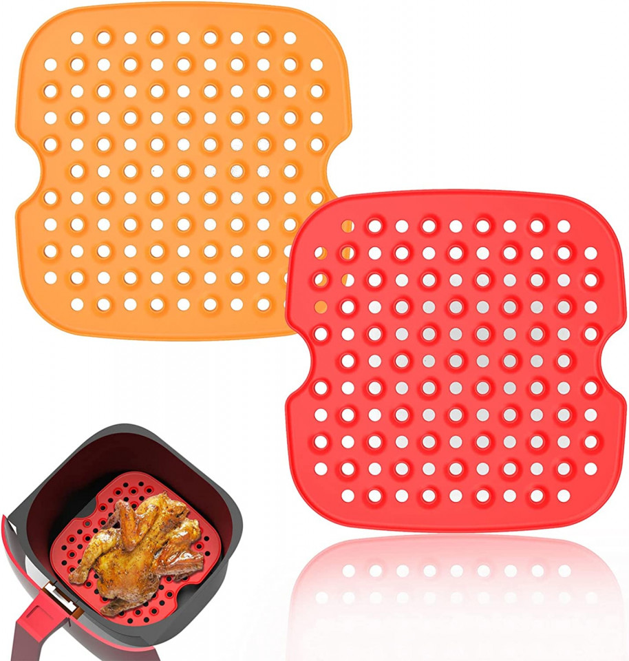 Set de 2 covorase pentru friteuza Tohilacle, silicon, rosu/portocaliu, 21,5 cm