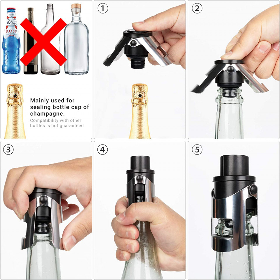 Poze Set de 2 dopuri etanse pentru sticlele de vin MAEXUS, otel inoxidabil/ABS, negru/argintiu, 76 mm