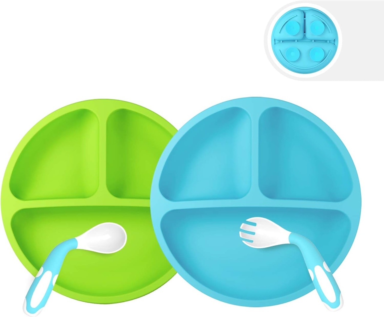Set de 2 farfurii si 2 tacamuri pentru bebelusi Sendr.Kr, silicon, verde/albastru/alb
