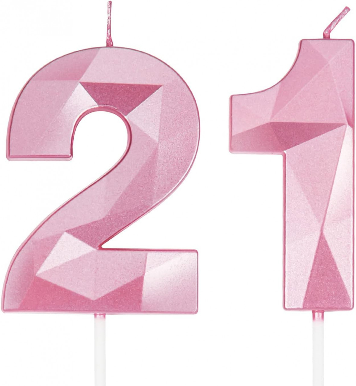 Set de 2 lumanari pentru aniversare 21 ani PARTY GO, model diamant, ceara, roz, 7 cm