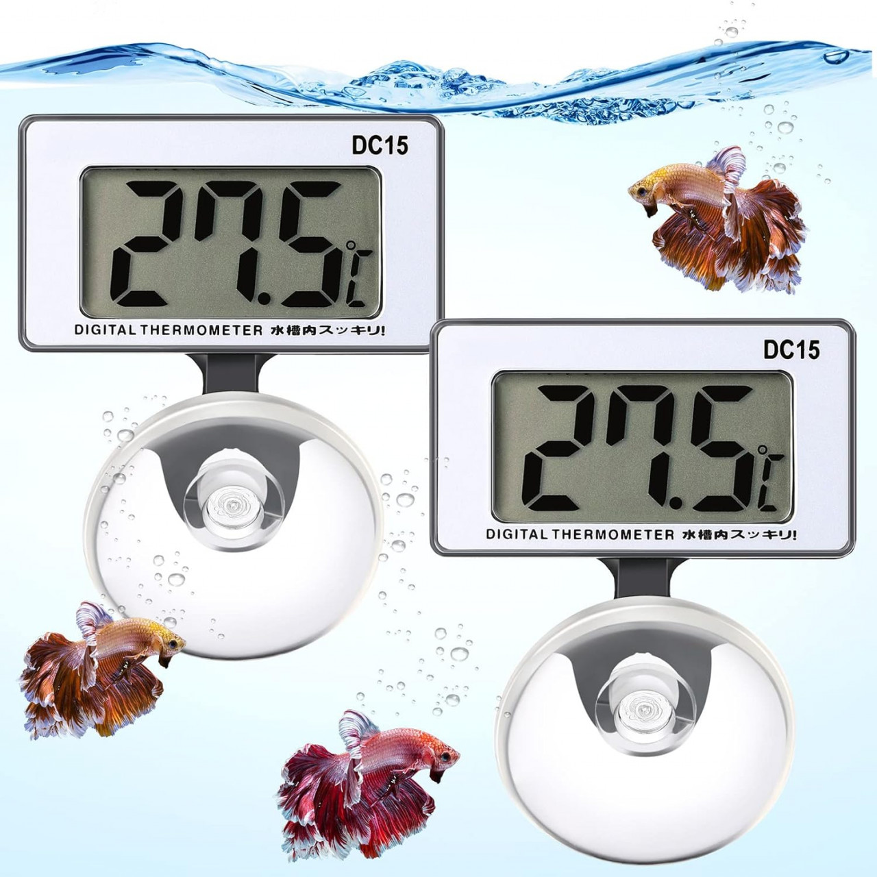 Set de 2 termometre digitale cu ventuza pentru acvariu Weewooday, plastic, alb, 4,5 x 2,5 cm