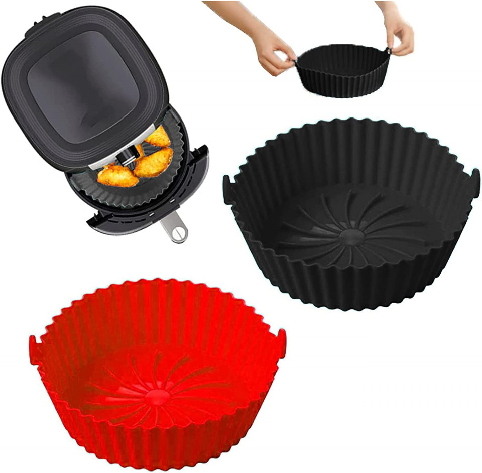 Set de 2 vase pentru friteuza cu aer Yawmlye, silicon, rosu/negru, 17 x 13,5 x 5,4 cm