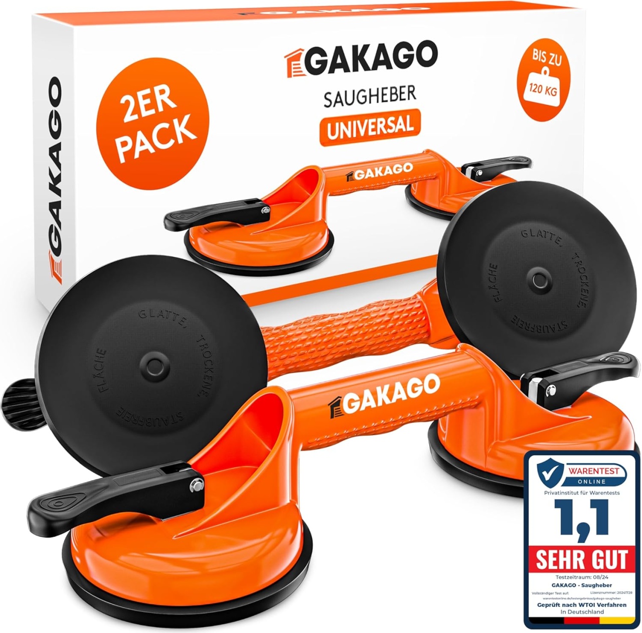 Set de 2 ventuze pentru placi Gakago, plastic/aluminiu/cauciuc, portocaliu/negru, 32,5 x 12 cm