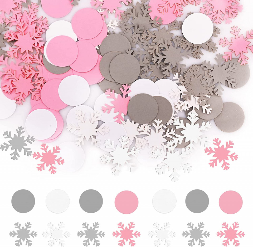 Set de 200 decoratiuni confetti de Craciun Gukasxi, hartie, roz/alb/gri, 3-4 cm