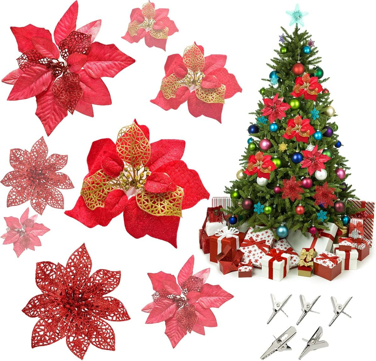 Set de 24 flori pentru bradul de Craciun MEIYIFAN, textil/plastic, rosu/auriu, 15/22 cm