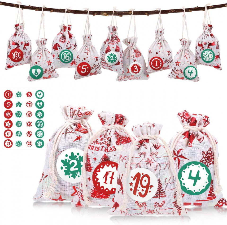 Set de 24 saculeti cu autocolante pentru calendar de advent Kesote, iuta, alb/rosu/verde, 14 x 10 cm