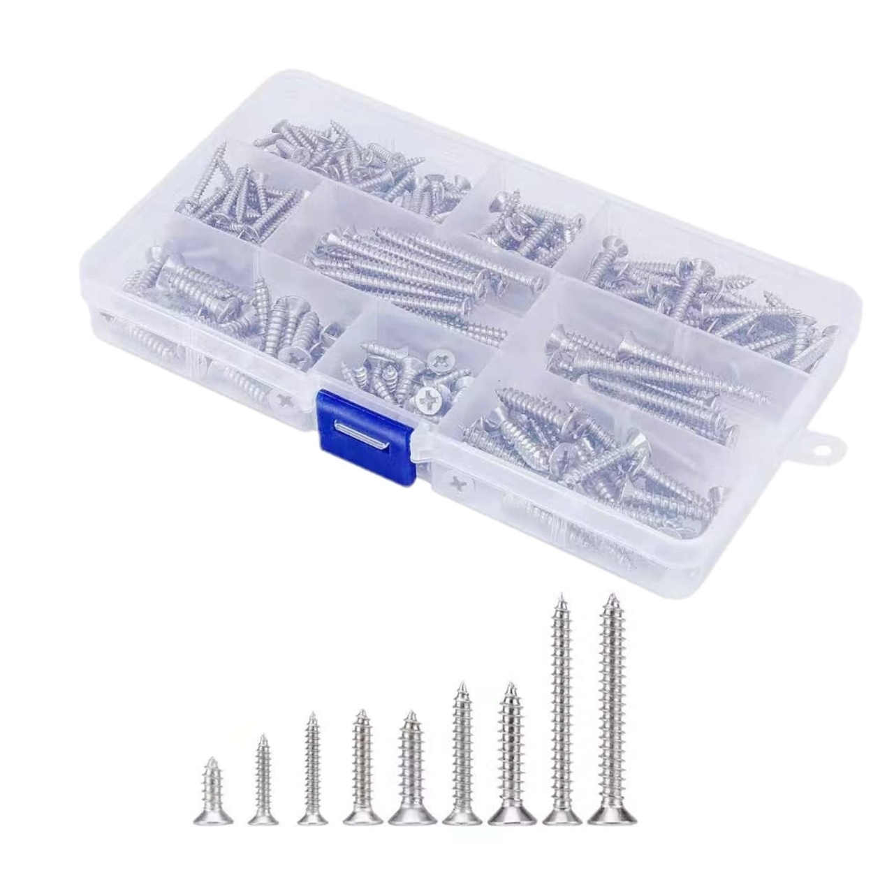 Set de 265 suruburi cu cap plat JZK, otel inoxidabil/plastic, argintiu, M3, M4, M5, 12-40 mm
