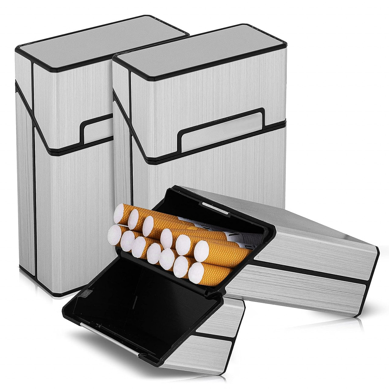Set de 3 cutii pentru tigarete cu oglinda integrata Dooidi, plastic, argintiu, 9 x 6 x 3 cm