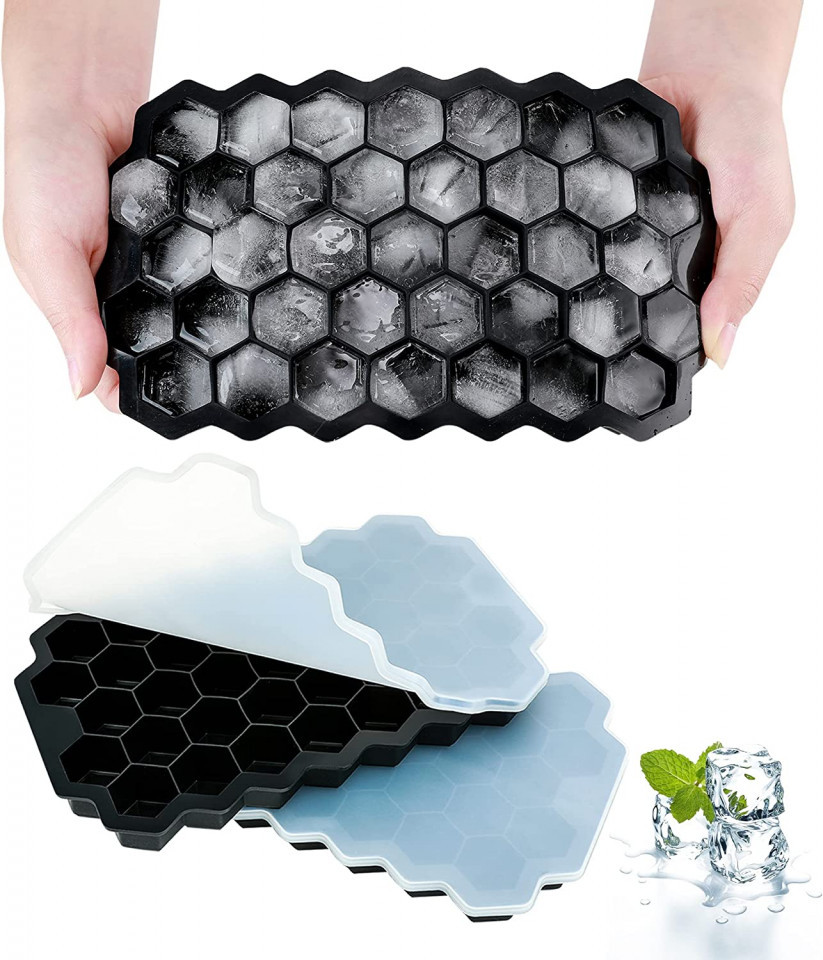 Poze Set de 3 matrite de gheata cu capac AcrossSea, hexagonal, silicon, negru, 13 x 21 cm