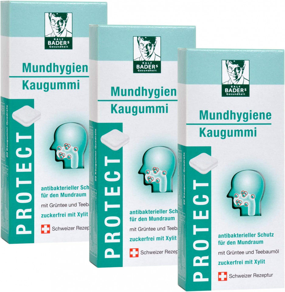 Set de 3 pachete de guma de mestecat BADERs Gesundheit , menta, alb, 3 x 20 pastile, 150 g